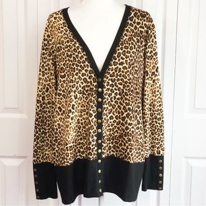 Hawthorne Black Leopard Animal Print Snap Front Elbow Patch Cardigan 1X